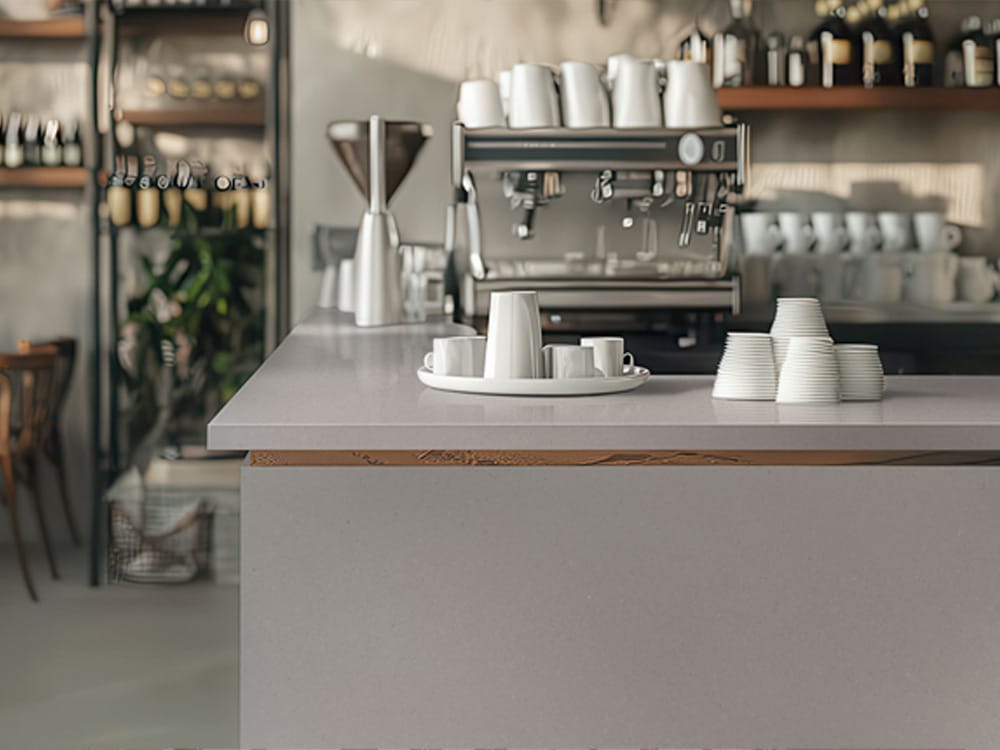 Fossil GrayCustom Restaurant Countertop Design Quartz Custom Restaurant & Cafe Countertops project designed for Chicagoland hospitality business