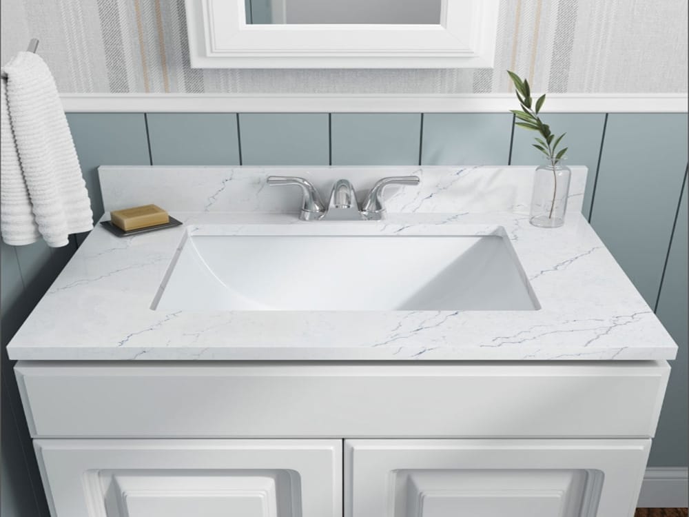 Bathroom Vanity Tops installation with luxury quartz surfaces in Chicagoland bathroom remodeling