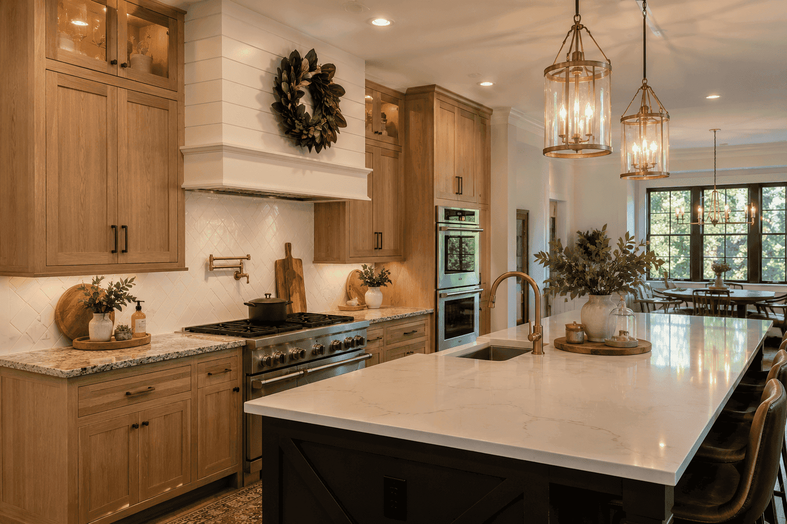 Luxury modern farmhouse kitchen in a Chicago suburban home featuring quartz and granite countertops,