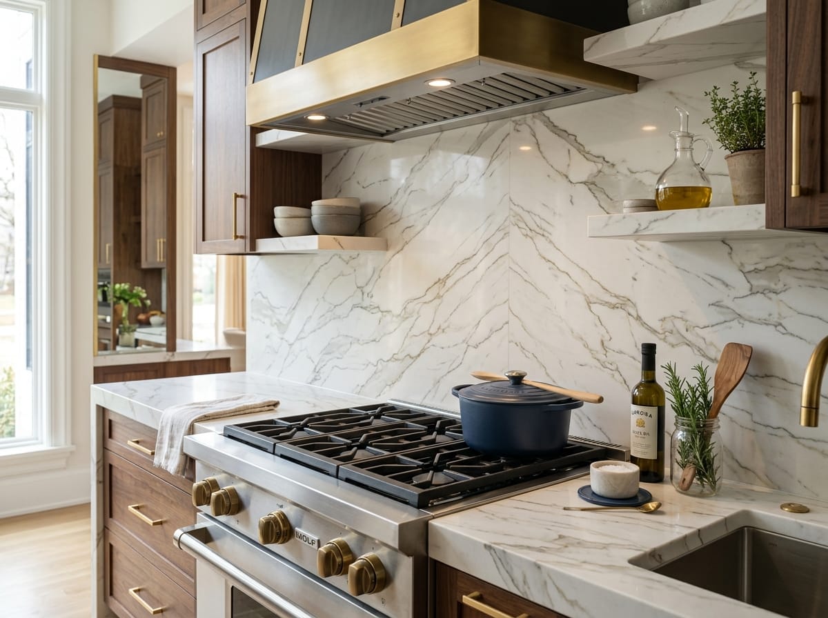 Full height Calacatta backsplash installed in a Chicago home