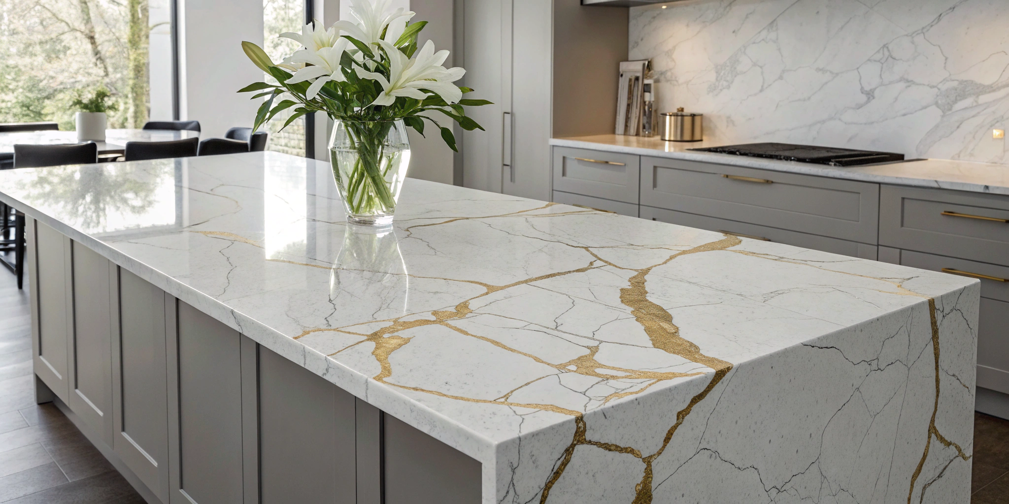 Calacatta quartz kitchen island fabricated and installed by Al Jory Marble