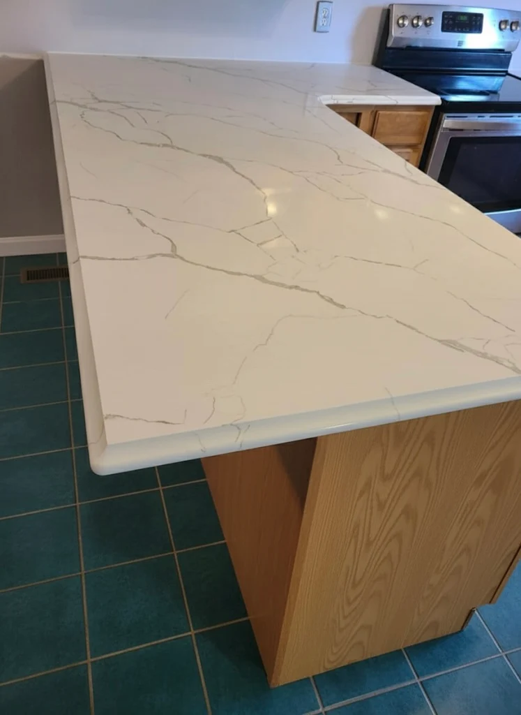 Calacatta quartzite slab cut and ready for installation in a Chicago suburban home