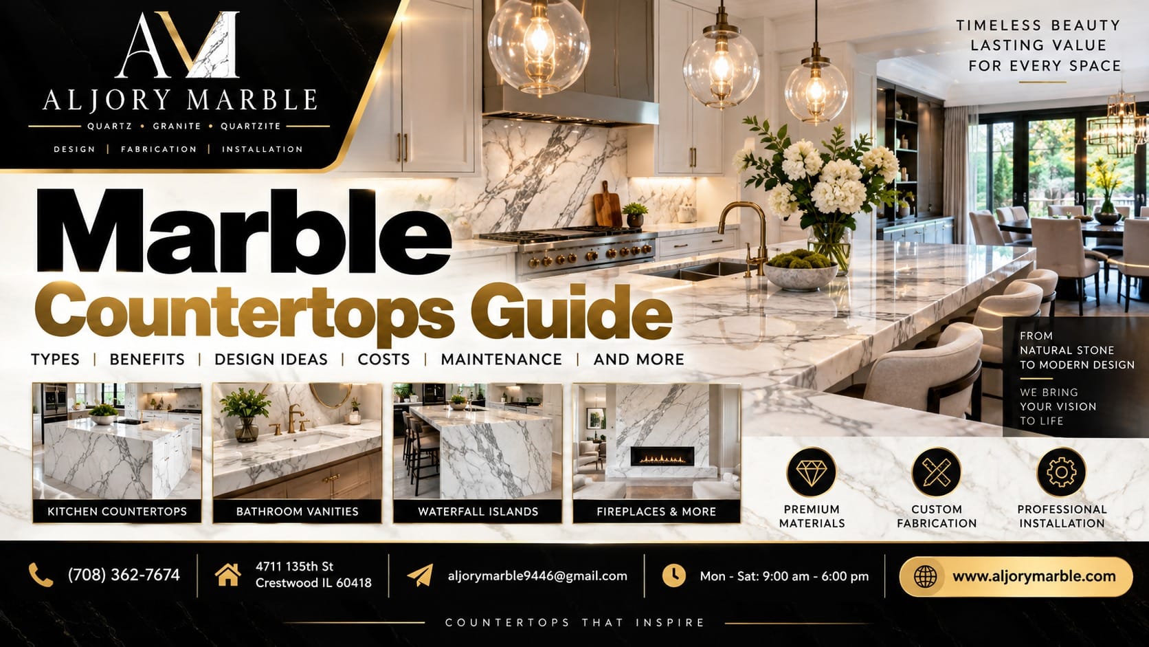 Al Jory Marble countertops guide — luxury kitchen with a white marble waterfall island, plus bathroom vanity, waterfall island, and fireplace examples