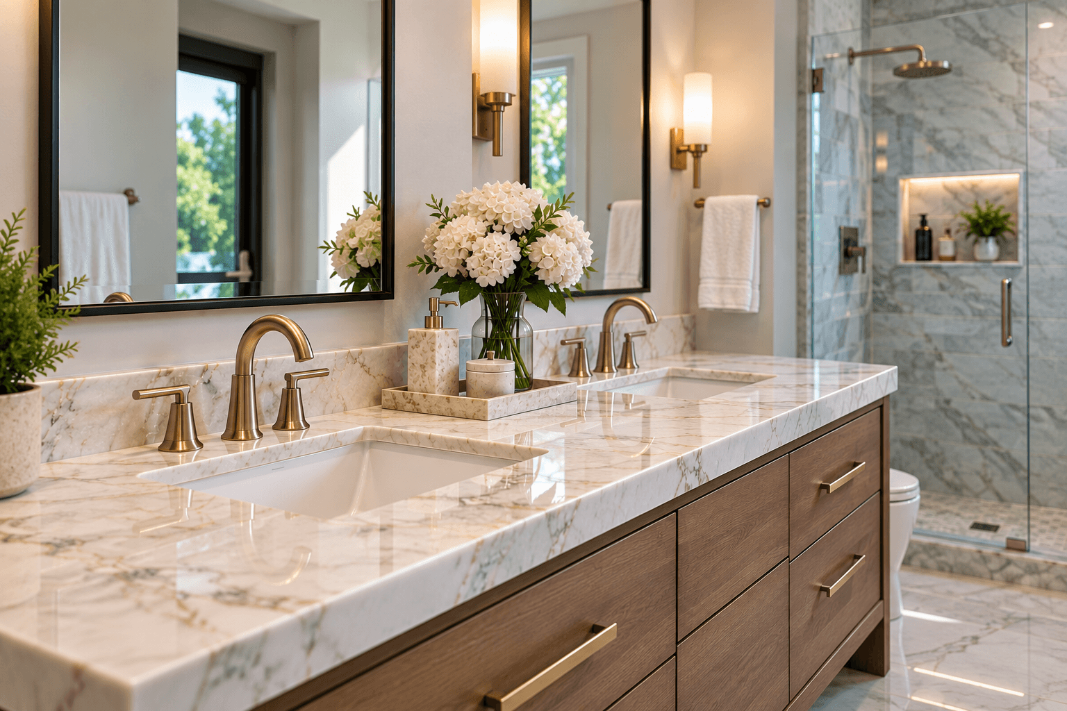 Bathroom vanity countertops in a luxury Chicago bathroom with double undermount sinks, natural stone, and warm wood cabinetry