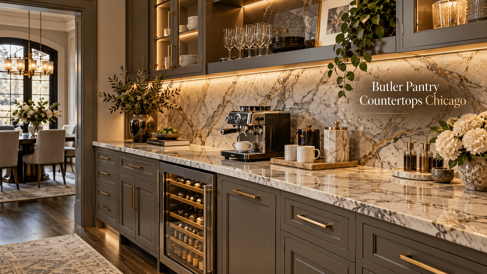 Butler pantry countertops Chicago with luxury natural stone counters, coffee station and full-height backsplash