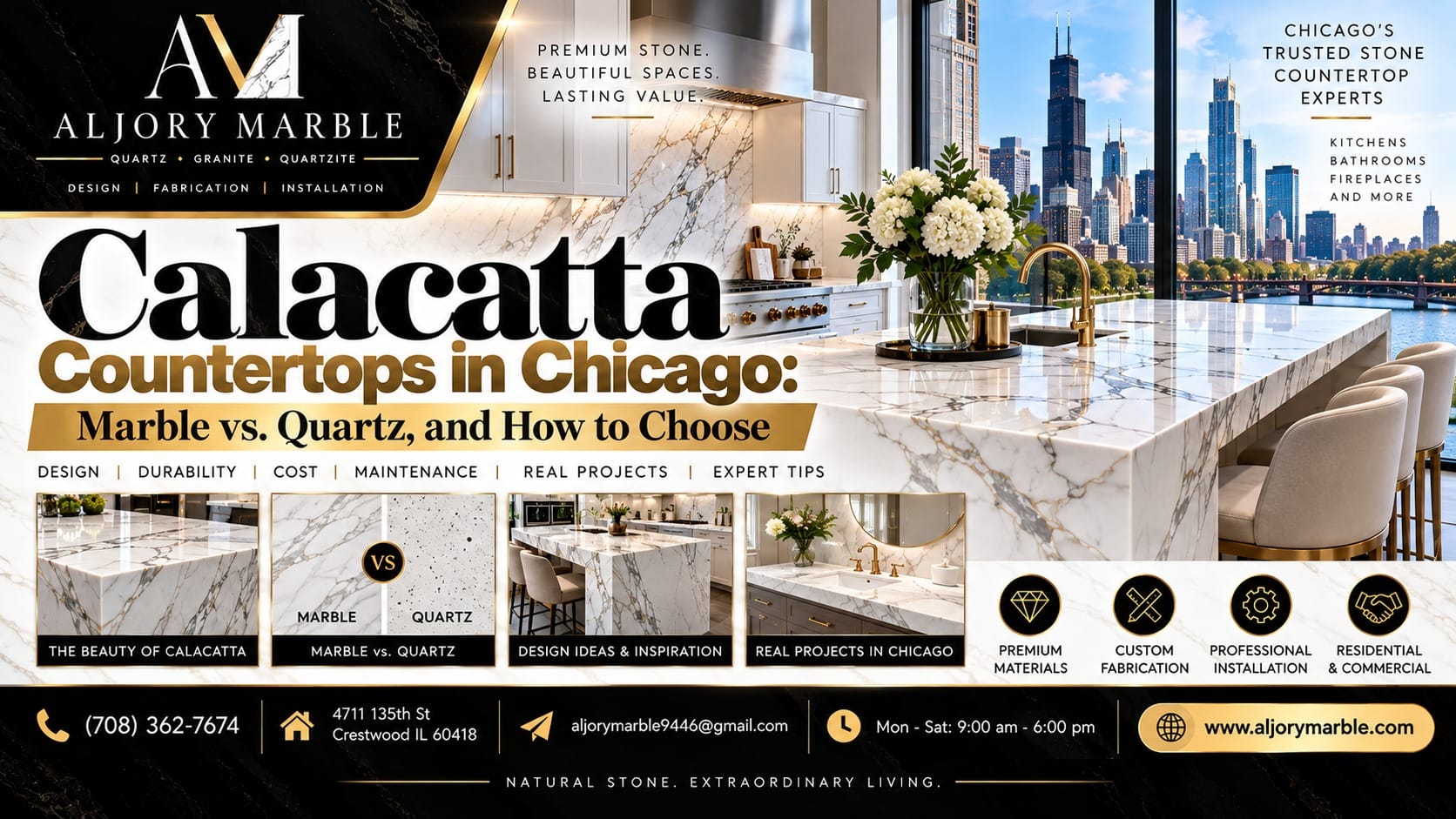 Calacatta countertops in Chicago by Al Jory Marble — white Calacatta waterfall island with skyline view, plus a marble vs. quartz comparison and project examples