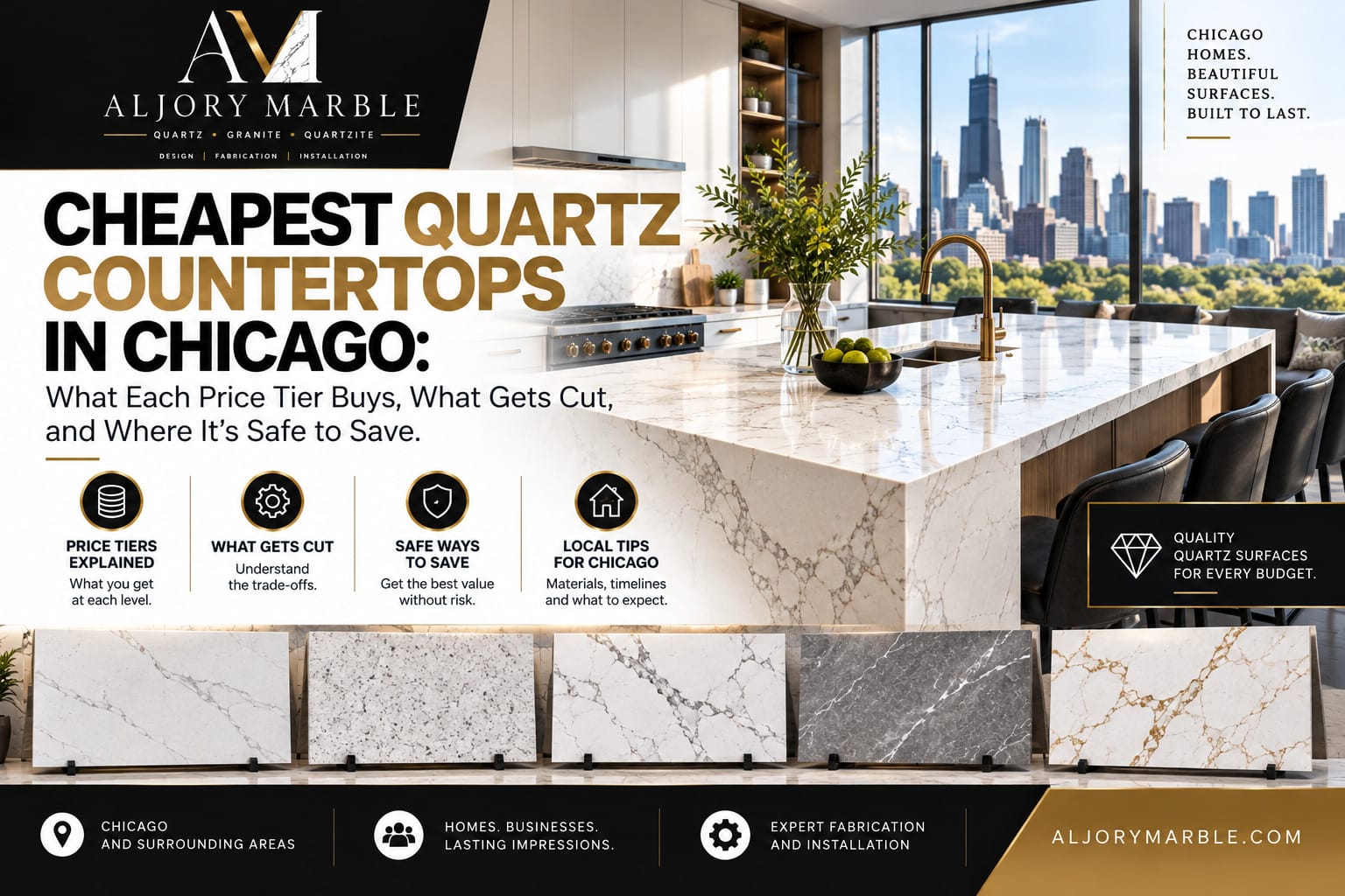 Quartz slab samples in white, gray and gold veining beside a quartz kitchen island with a Chicago skyline view