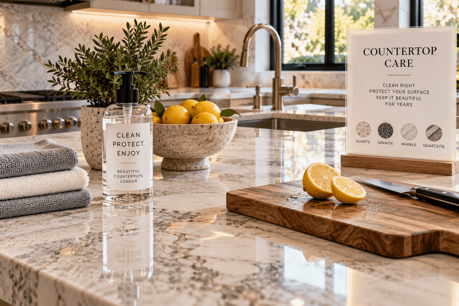 Countertop care for quartz, granite, marble, and quartzite in a luxury Chicago kitchen with stone-safe cleaning supplies