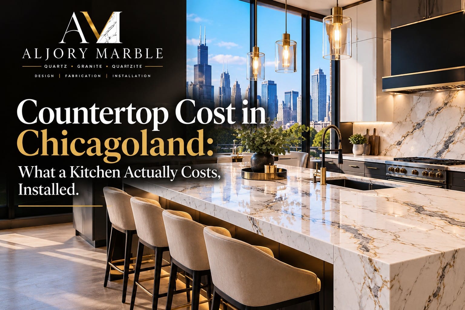 Countertop cost in Chicagoland: kitchen island with a white and gold veined waterfall countertop and a Chicago skyline view