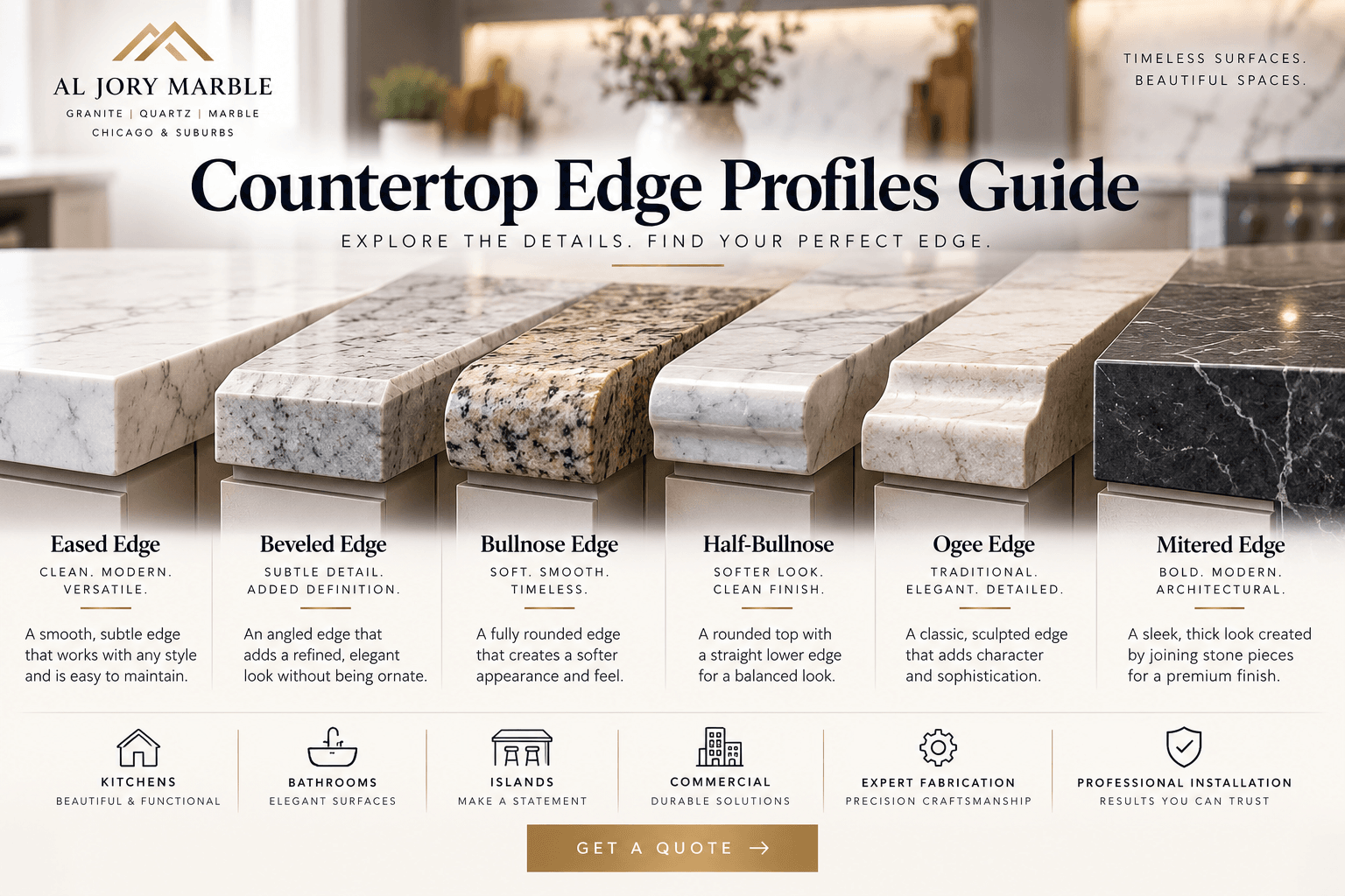 Countertop Edge Profiles showing eased, beveled, bullnose, ogee and mitered stone edges