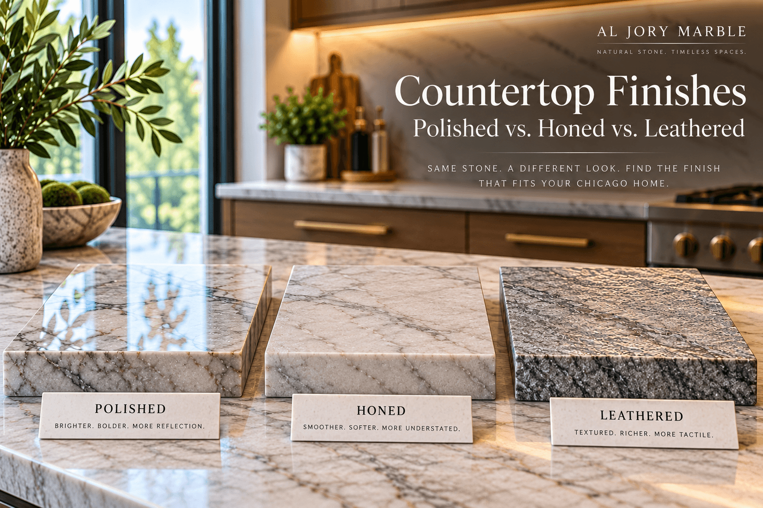 Countertop finishes comparison showing polished, honed, and leathered natural stone surfaces in a luxury Chicago kitchen