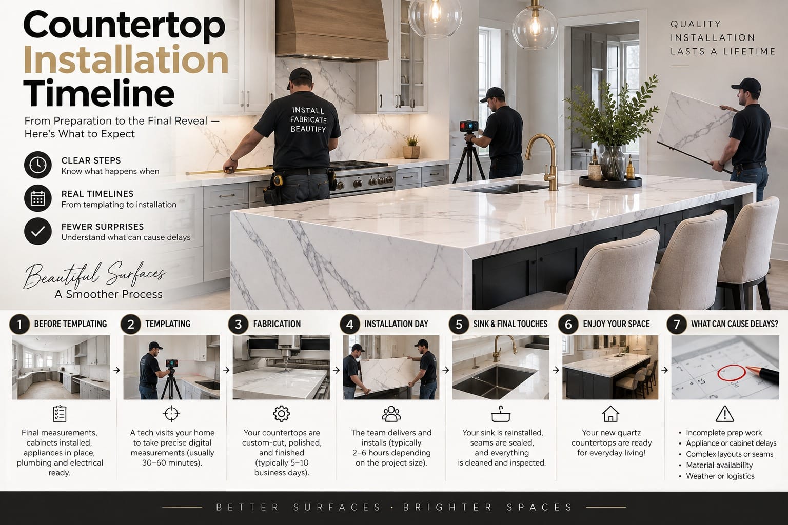 Countertop installation timeline showing seven steps from templating and fabrication to installation day, with installers measuring and carrying a quartz slab in a kitchen