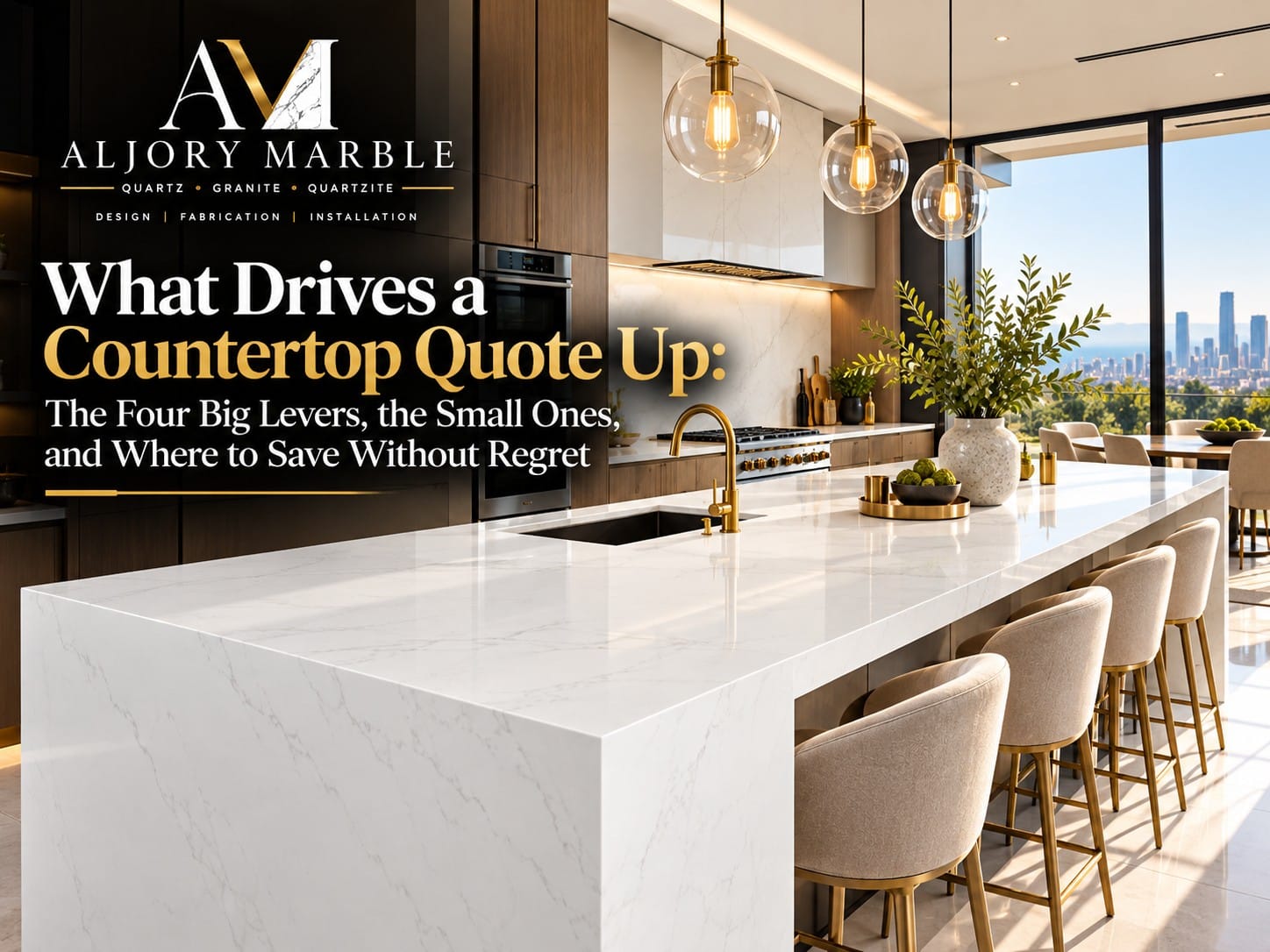 What drives a countertop quote up: white quartz kitchen island with a waterfall edge, brass fixtures and bar stools
