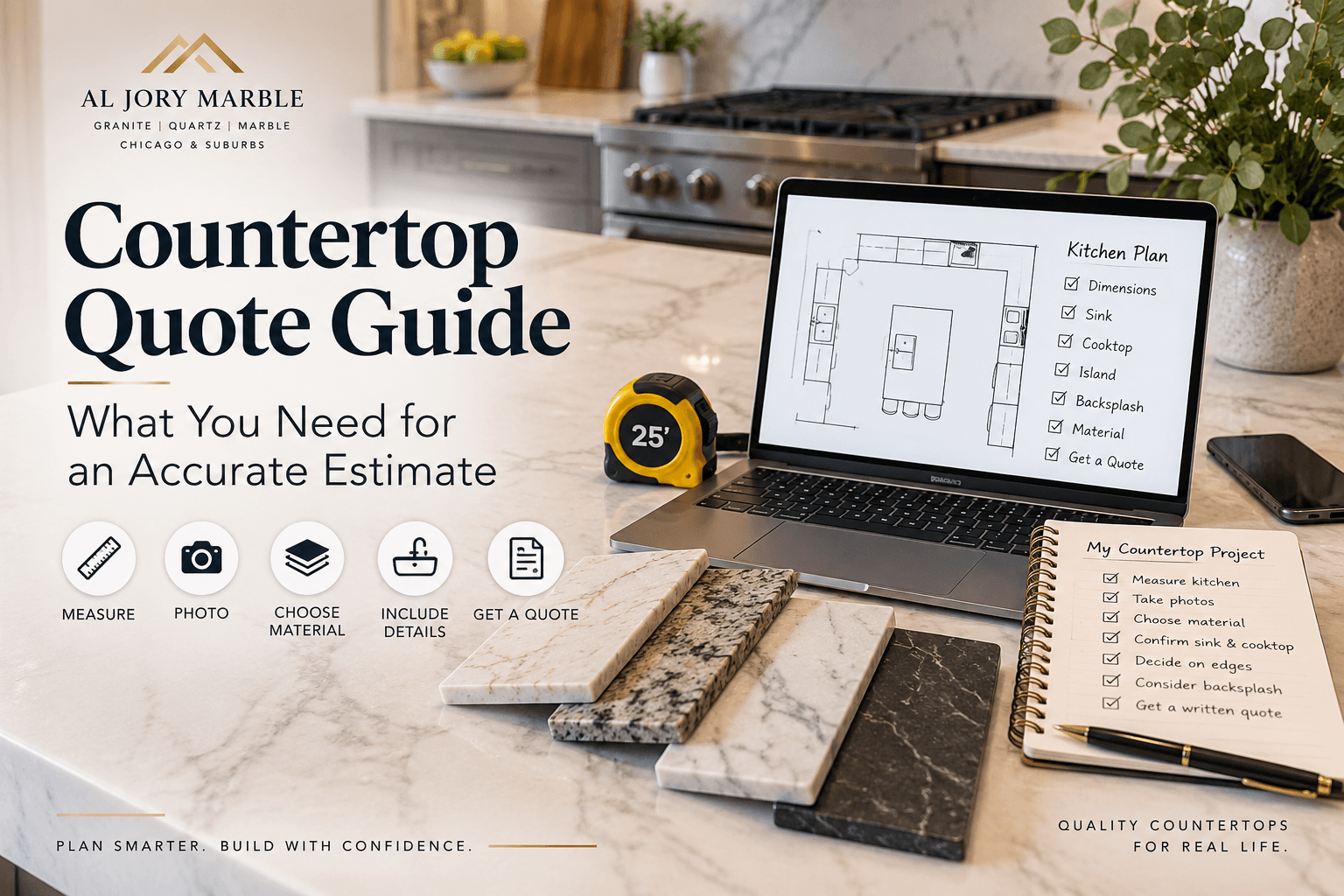 Countertop Quote guide with kitchen measurements, stone samples and project planning details