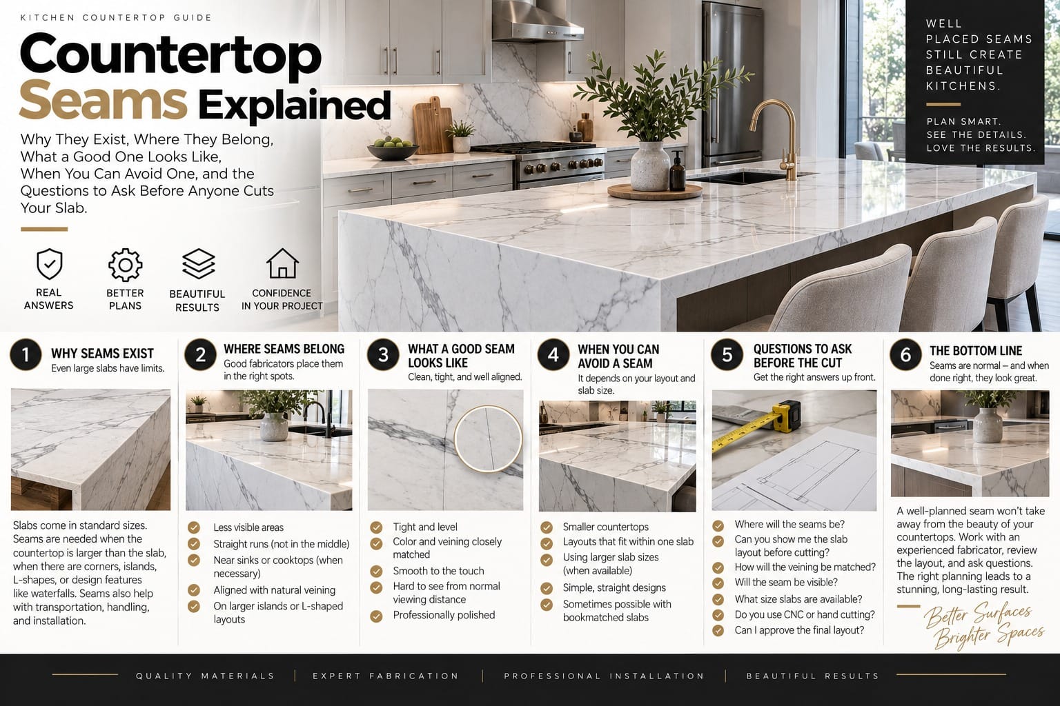 Countertop seams explained, an infographic covering why seams exist, where they belong, what a good seam looks like, when you can avoid one, and questions to ask before the cut