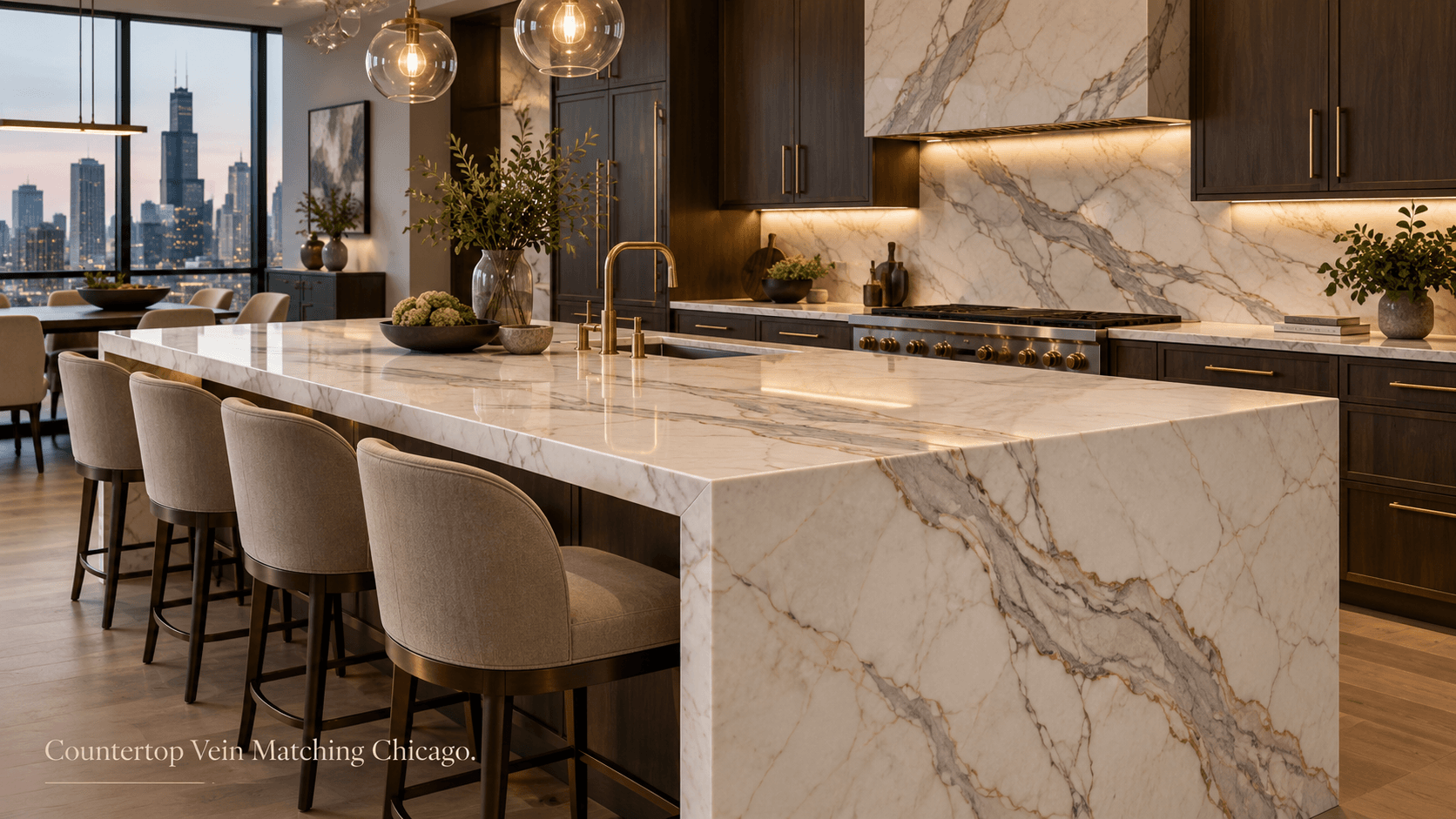 Countertop vein matching Chicago kitchen with dramatic stone veining flowing across island seams and waterfall edge