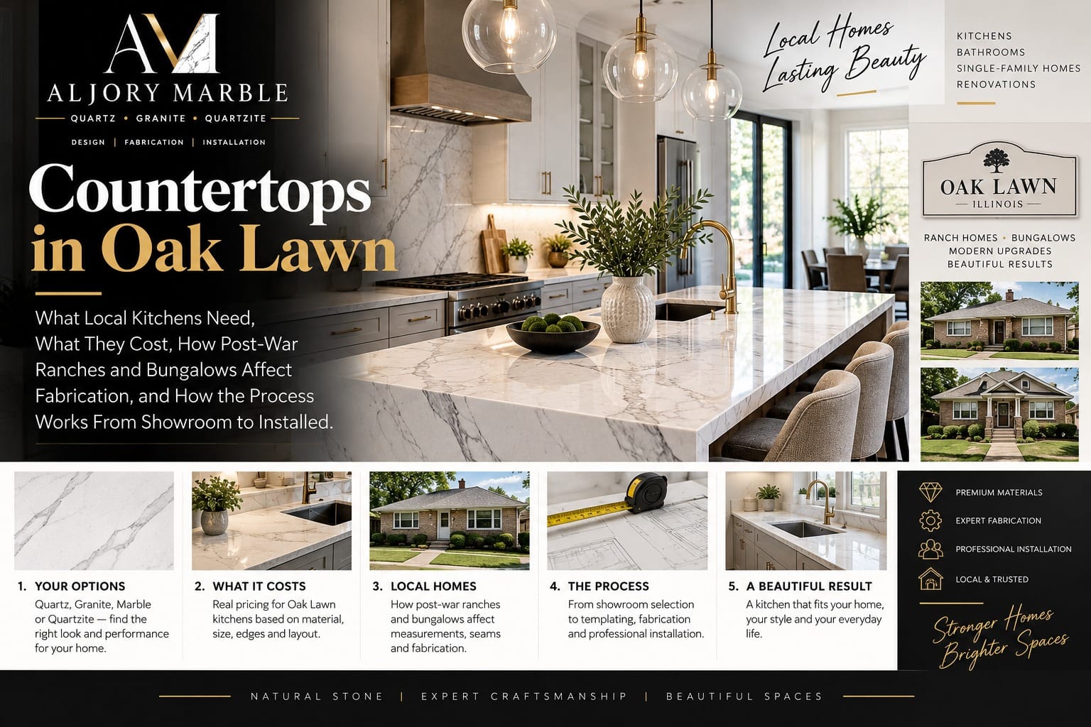 Countertops in Oak Lawn, Illinois, showing a quartz kitchen island with brass fixtures alongside local ranch homes and bungalows, with a five-step overview of options, cost, local homes, process and results