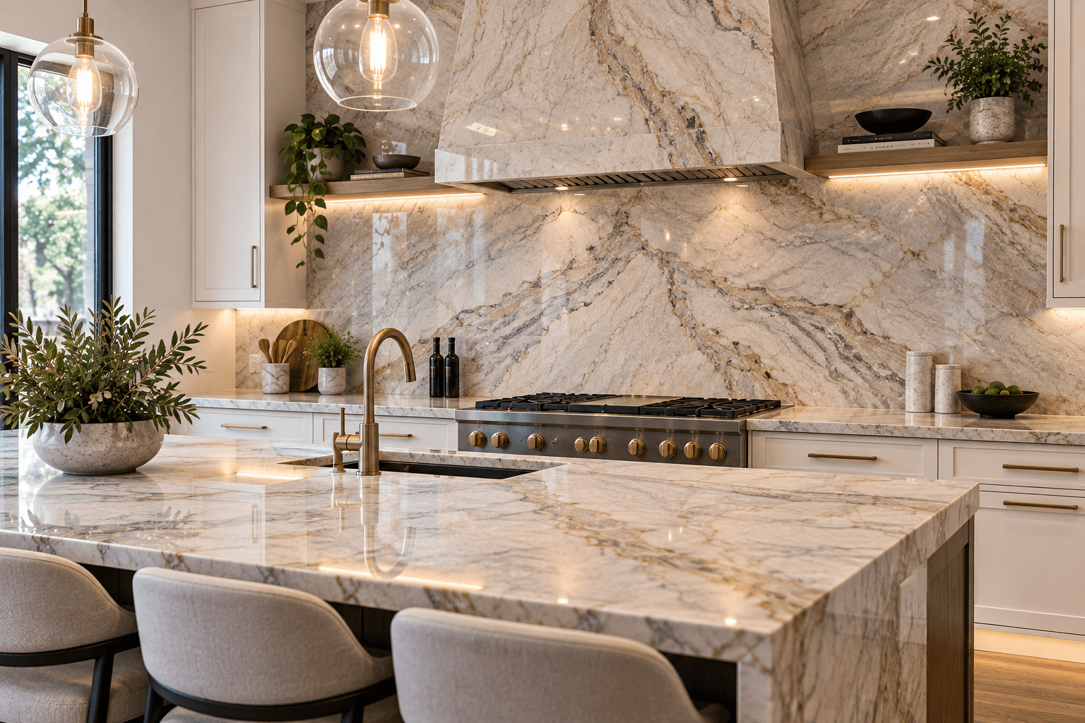 Full height stone backsplash in a luxury Chicago kitchen with dramatic veining, matching countertops, and a stone range wall