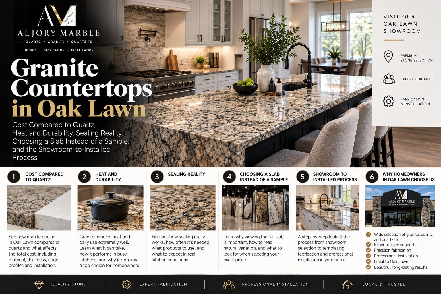 Granite countertops in Oak Lawn, showing a speckled granite kitchen island with a six-part guide to cost versus quartz, heat and durability, sealing, choosing a slab, and the showroom-to-installed process