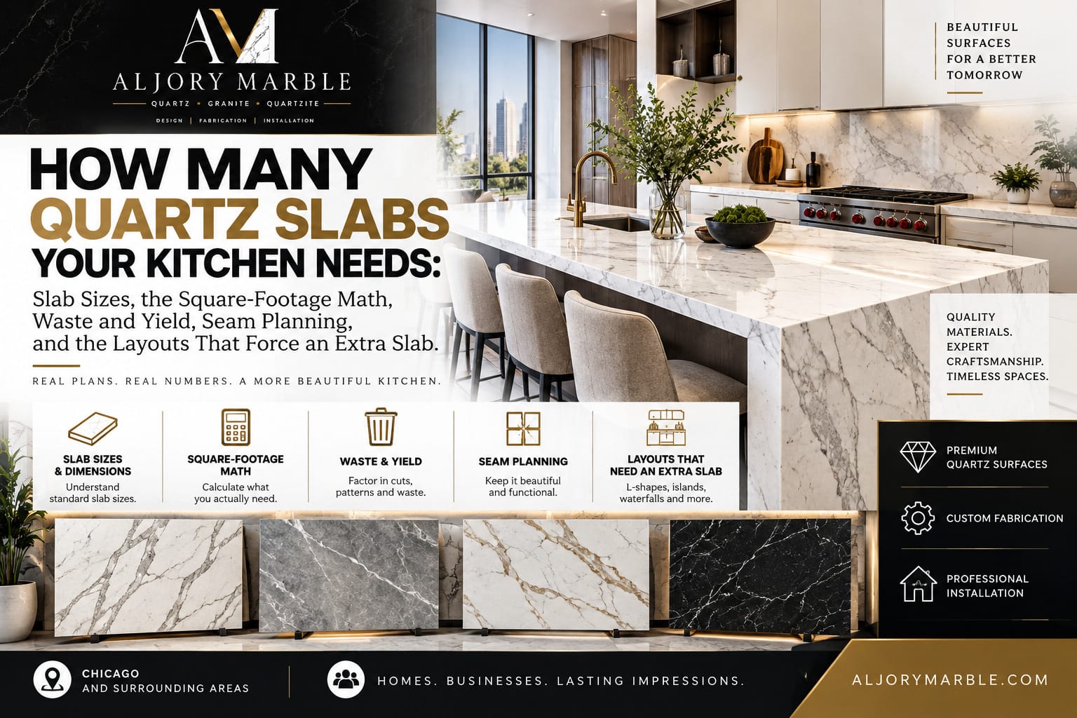 Quartz slab samples beside a white quartz kitchen island, showing how to calculate how many slabs a kitchen needs