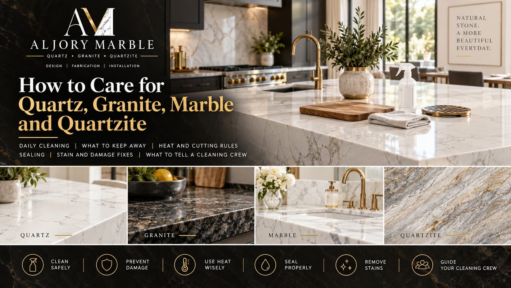 How to care for quartz, granite, marble and quartzite countertops, with close-ups of each surface and a kitchen island with cleaning supplies