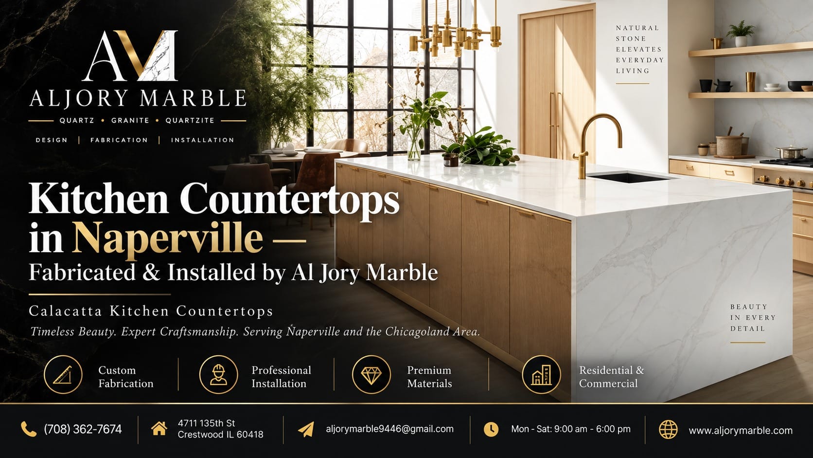 Kitchen countertops in Naperville by Al Jory Marble — Calacatta waterfall island on a wood base in a bright modern kitchen