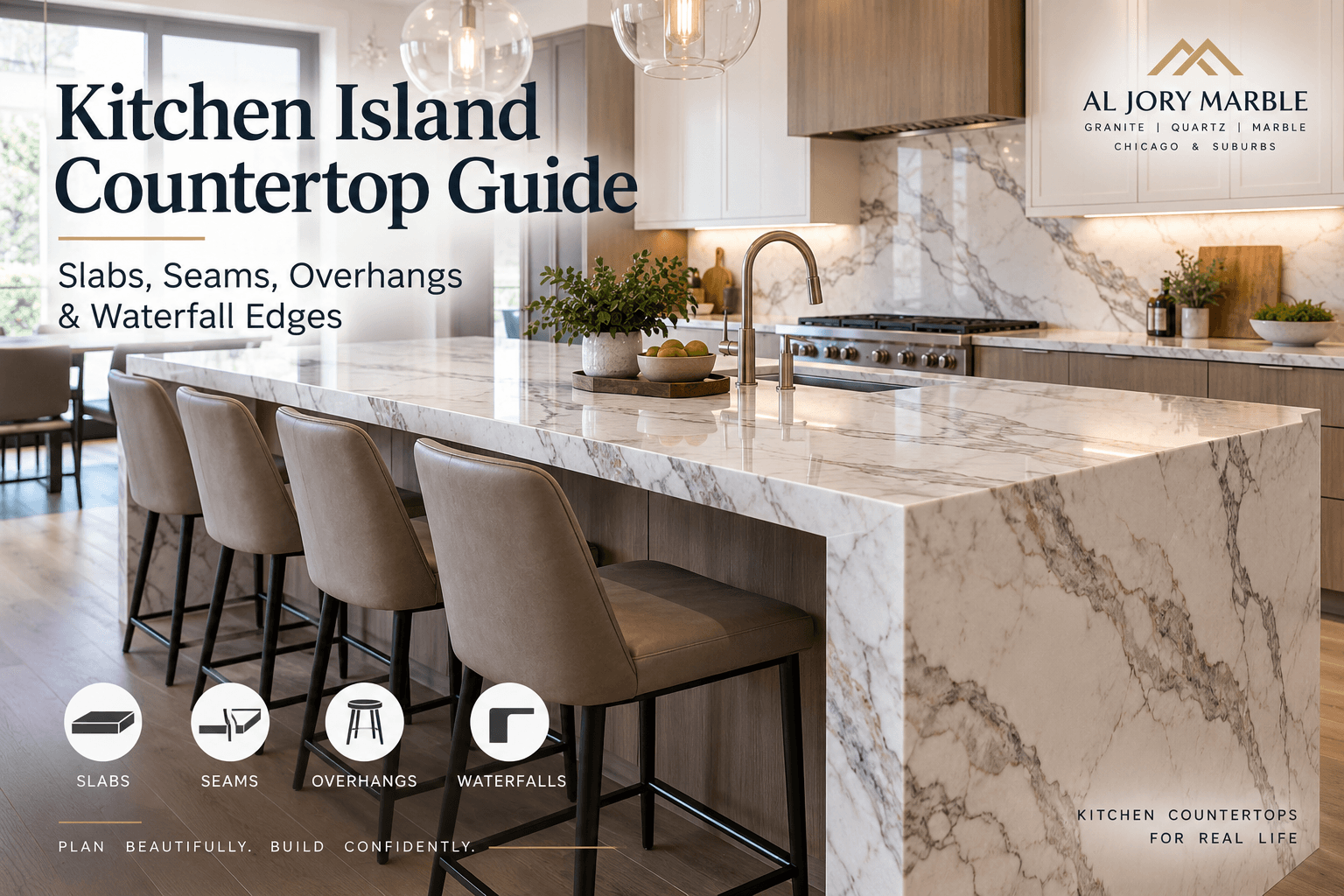 Kitchen Island Countertop Guide with a large stone island and waterfall edge