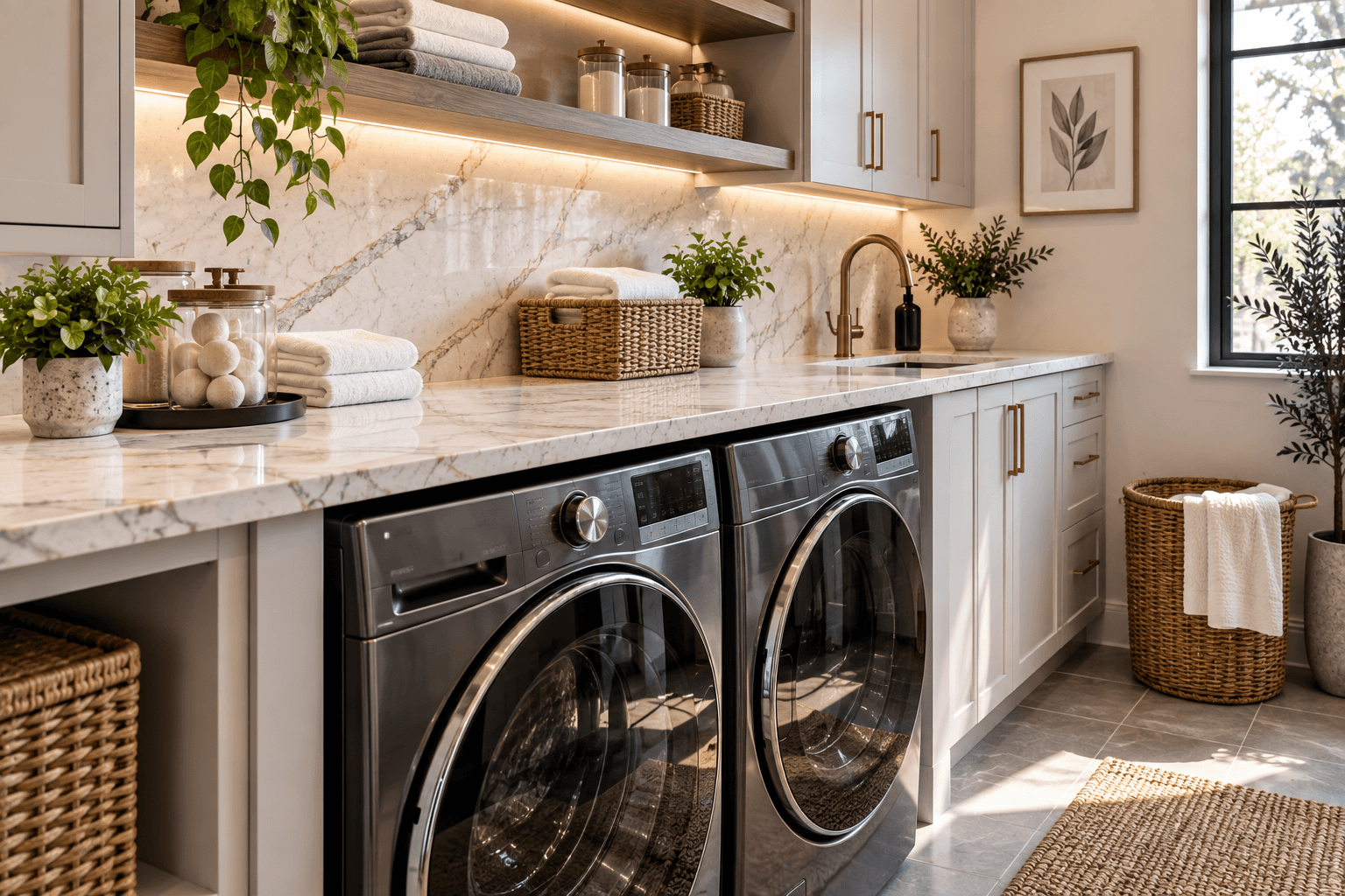 Laundry room countertops in a modern Chicago laundry room with stone surfaces over front-load washer and dryer
