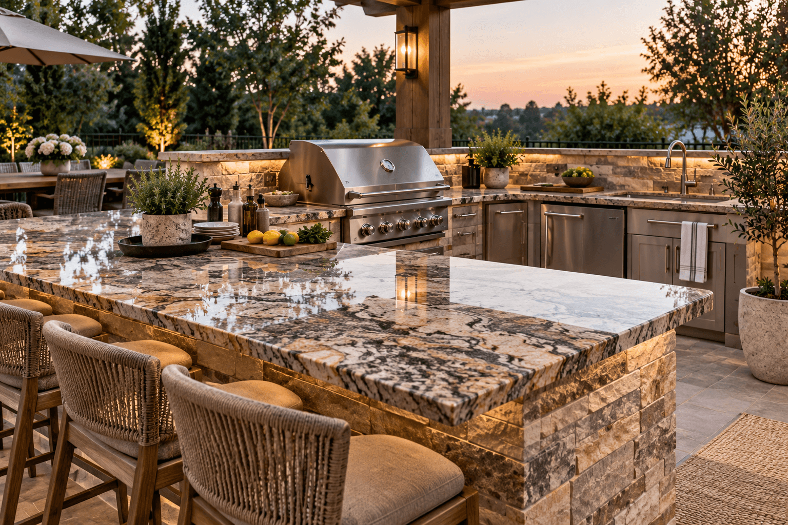 Outdoor kitchen countertops with natural stone, built-in grill, sink, and seating in a luxury Chicago backyard