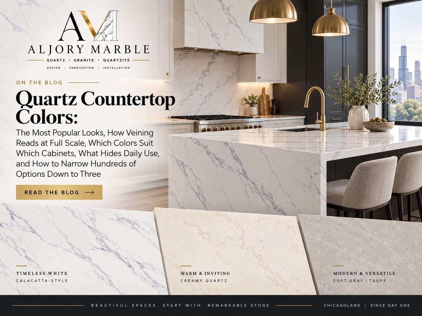 Quartz countertop colors from Al Jory Marble, showing a white quartz waterfall island in a Chicago kitchen with three sample slabs in white, cream and soft gray
