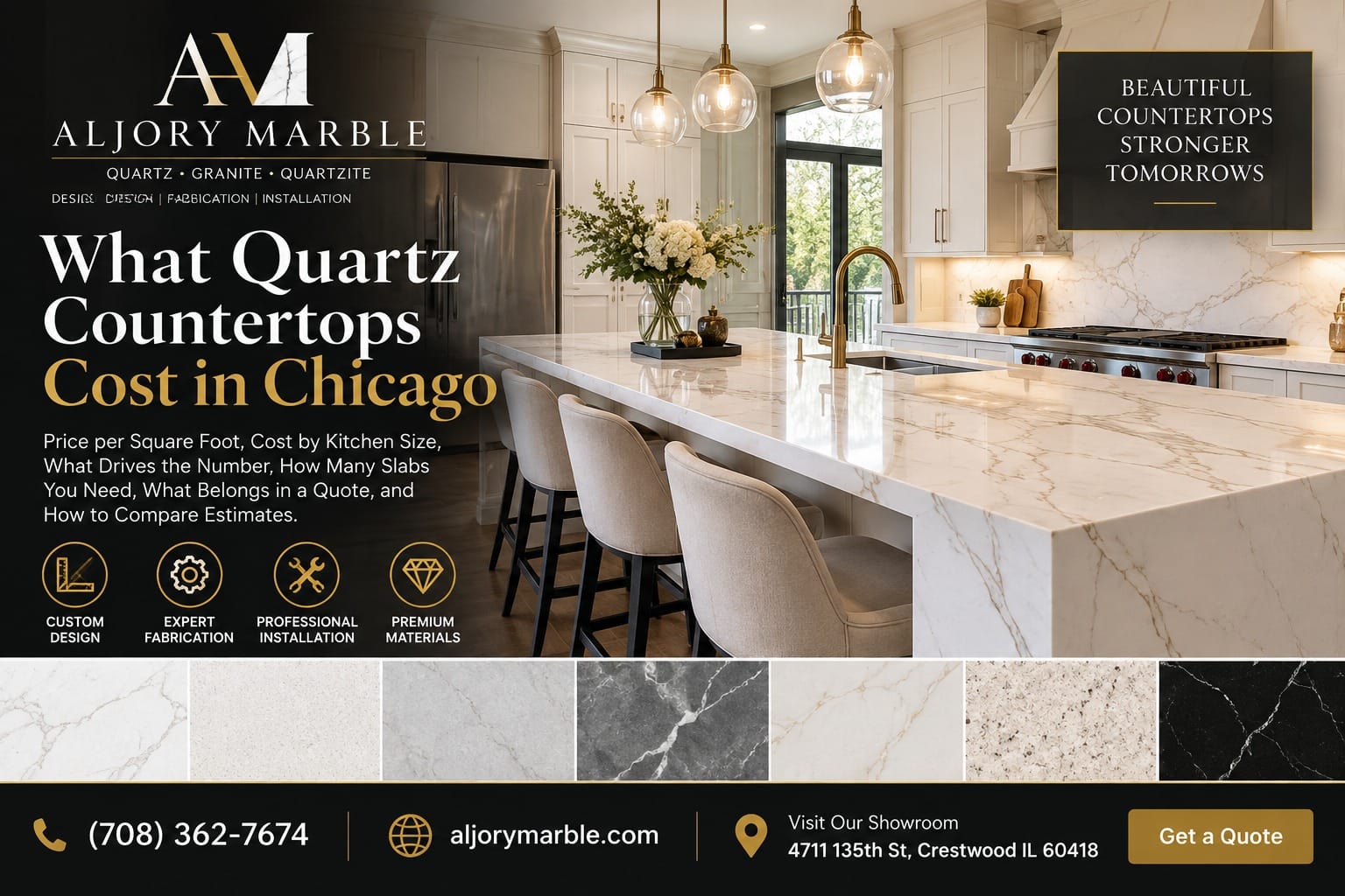What quartz countertops cost in Chicago, shown with a white quartz waterfall island in a bright kitchen and a row of quartz slab color samples