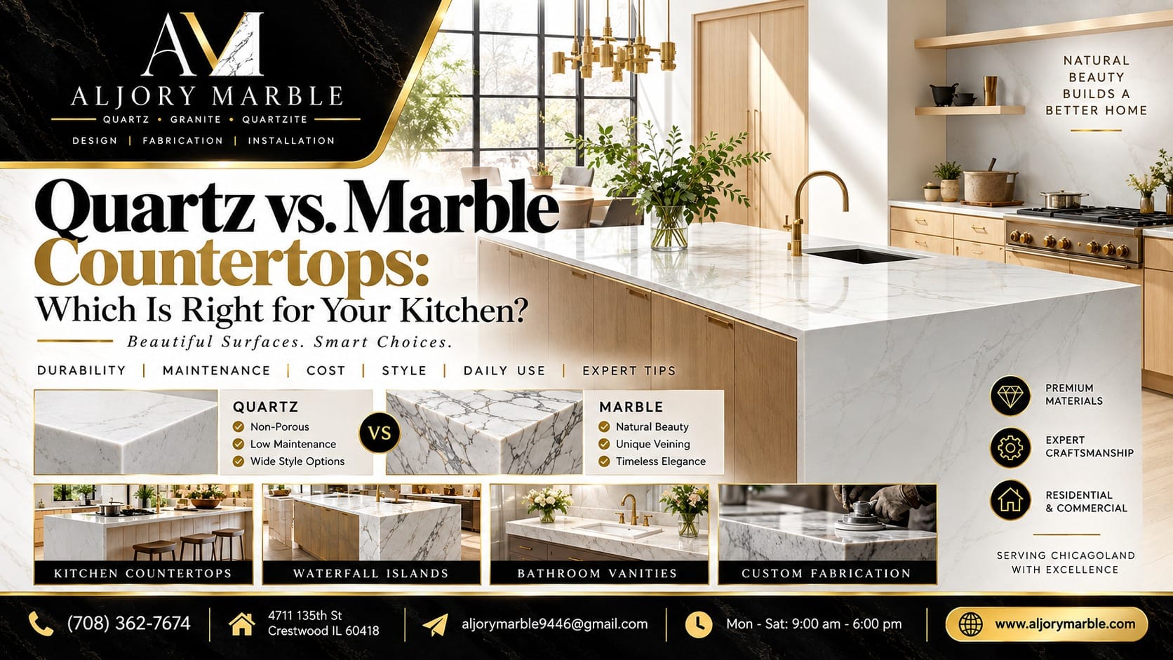Quartz vs. marble countertops by Al Jory Marble — white marble waterfall island in a sunlit kitchen, with a side-by-side quartz and marble comparison