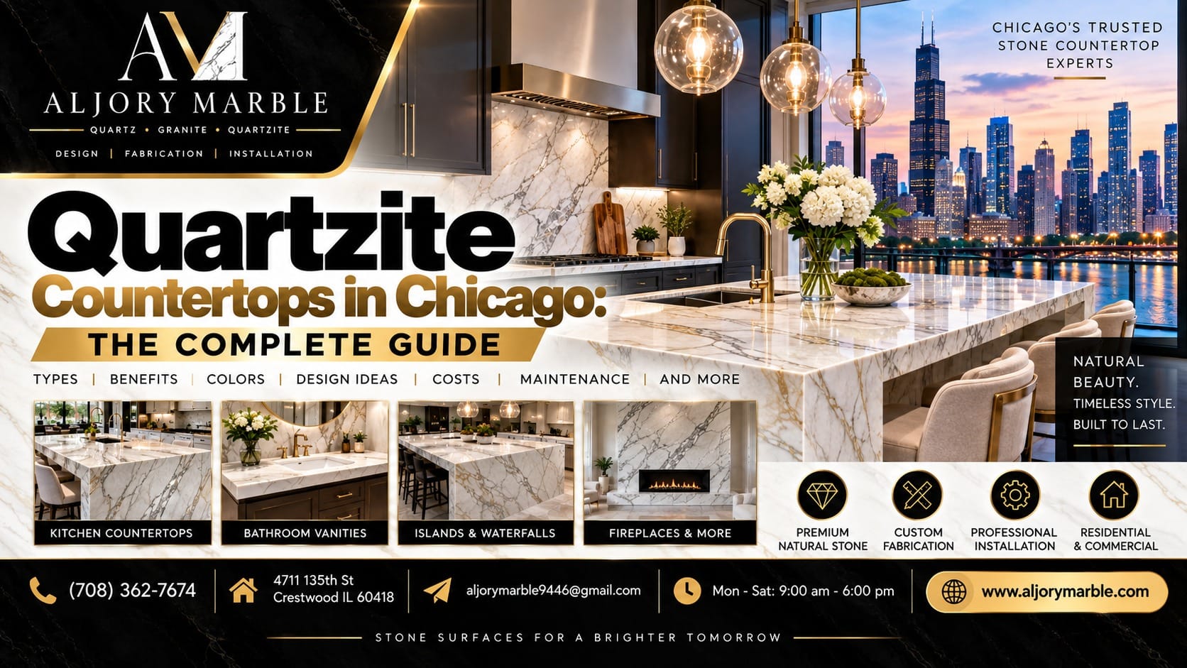 Quartzite countertops in Chicago by Al Jory Marble — luxury kitchen waterfall island with skyline view, plus vanity, island, and fireplace examples