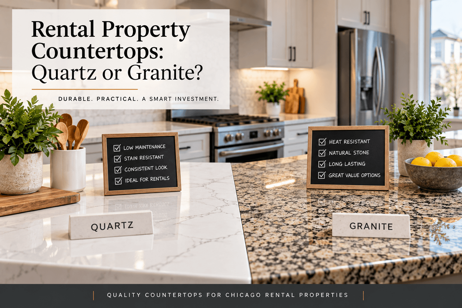 Rental property countertops comparison showing quartz and granite surfaces in a modern Chicago rental kitchen