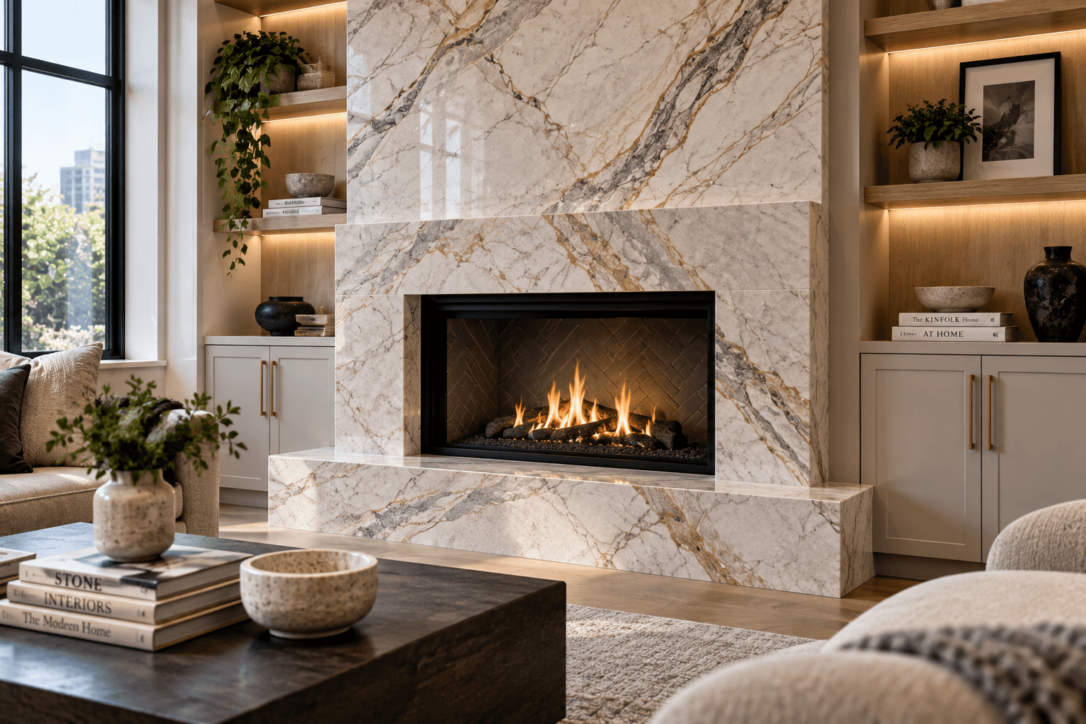 Stone fireplace surround with dramatic marble and quartzite veining in a luxury Chicago living room