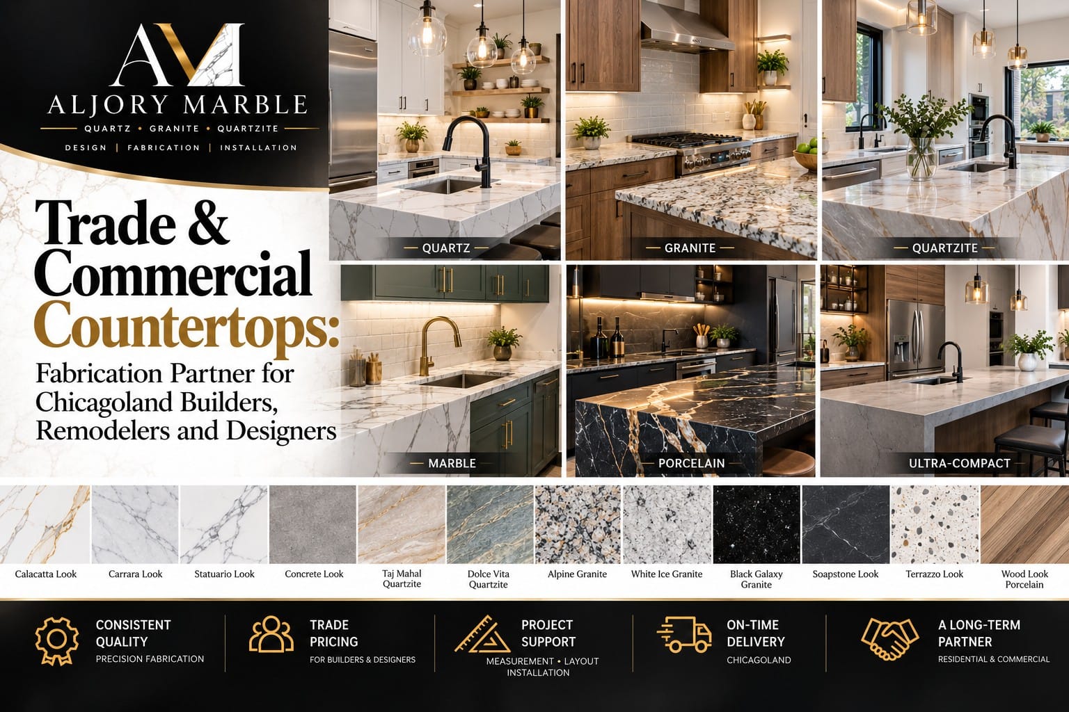 Trade and commercial countertop materials in Chicagoland: quartz, granite, quartzite and marble kitchens with slab samples