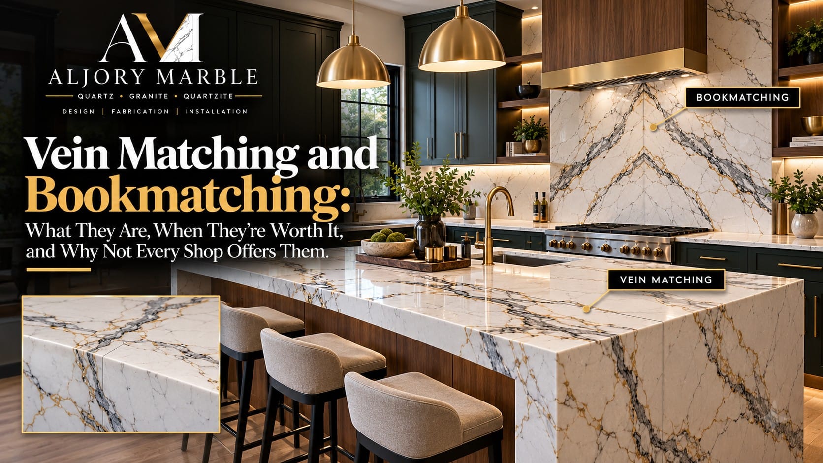 Vein matching and bookmatching: kitchen with a bookmatched stone backsplash and a vein-matched waterfall island