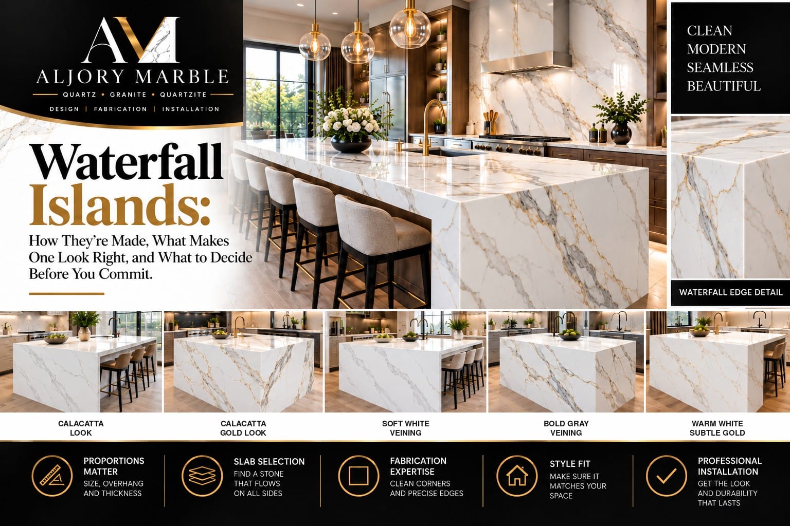 Waterfall island with a white and gold veined stone countertop wrapping both sides in a modern kitchen