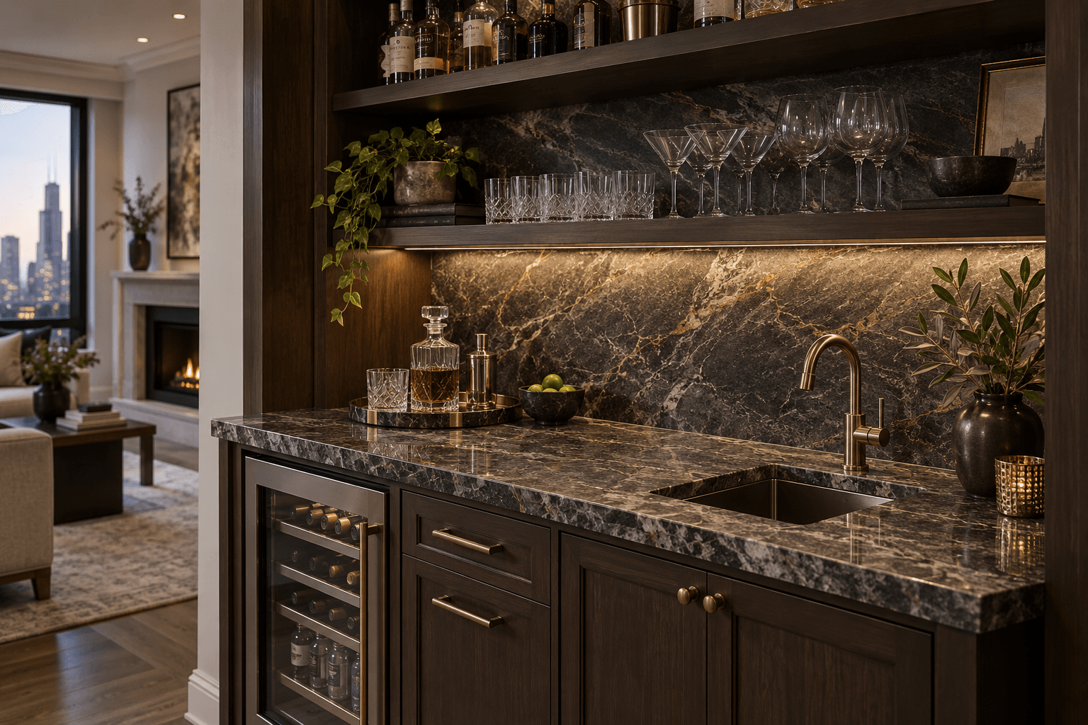 Wet bar countertops in a luxury Chicago home bar with natural stone, beverage storage, and warm accent lighting