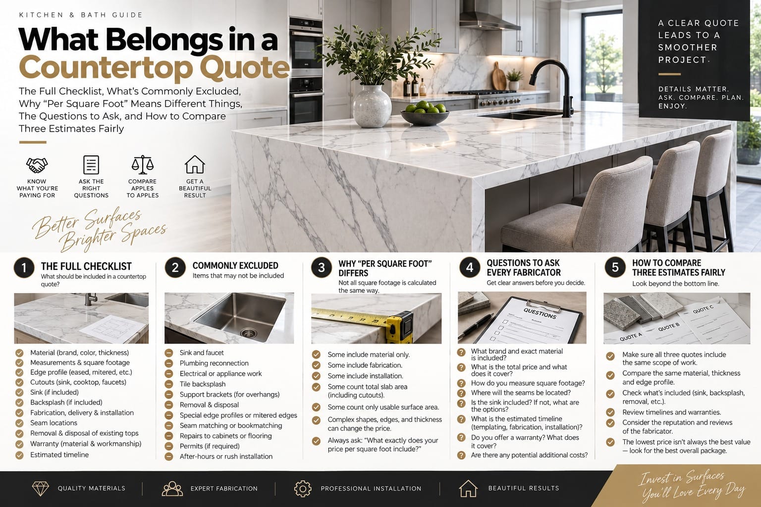 What belongs in a countertop quote, a checklist infographic covering included items, common exclusions, how price per square foot differs, questions to ask fabricators, and how to compare three estimates