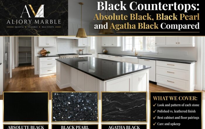 Aljory Marble guide comparing Absolute Black, Black Pearl, and Agatha Black granite countertops with kitchen design and stone swatches.