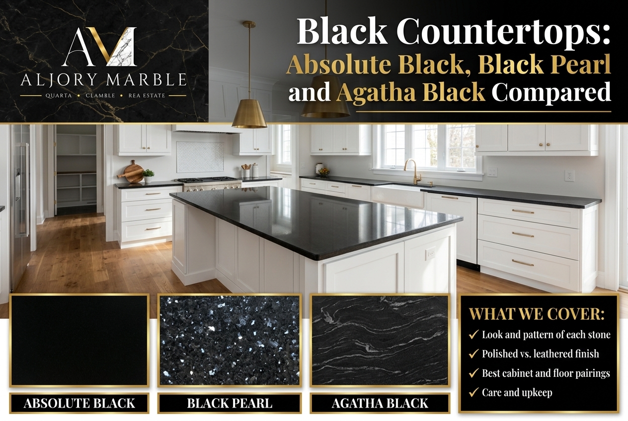 Aljory Marble guide comparing Absolute Black, Black Pearl, and Agatha Black granite countertops with kitchen design and stone swatches.