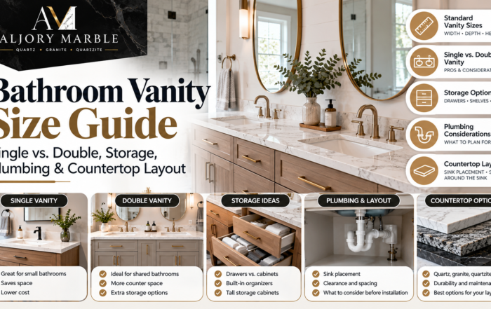 Bathroom vanity size guide comparing single and double vanity layouts, sink spacing, countertop depth and storage