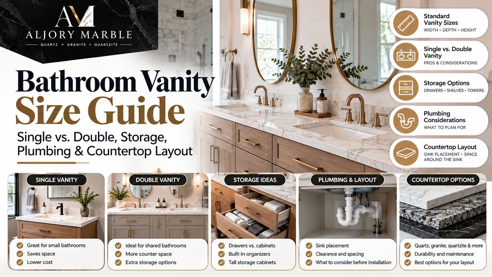 Bathroom vanity size guide comparing single and double vanity layouts, sink spacing, countertop depth and storage