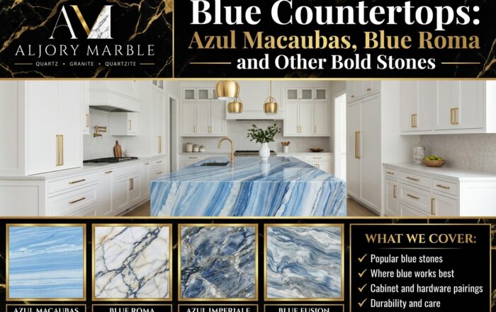 Blue Countertops featuring a luxury kitchen with a blue quartzite island and stone swatches for Azul Macaubas, Blue Roma, Azul Imperiale, and Blue Fusion.