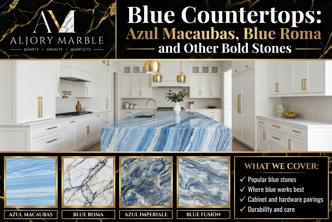 Blue Countertops featuring a luxury kitchen with a blue quartzite island and stone swatches for Azul Macaubas, Blue Roma, Azul Imperiale, and Blue Fusion.