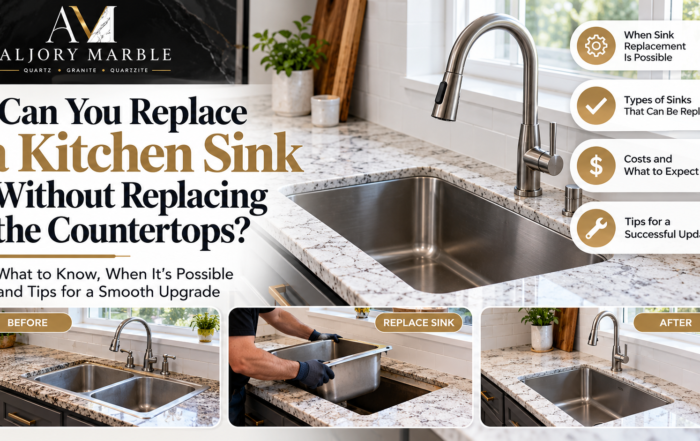Kitchen sink being replaced in existing quartz or granite countertops while keeping the original stone surface