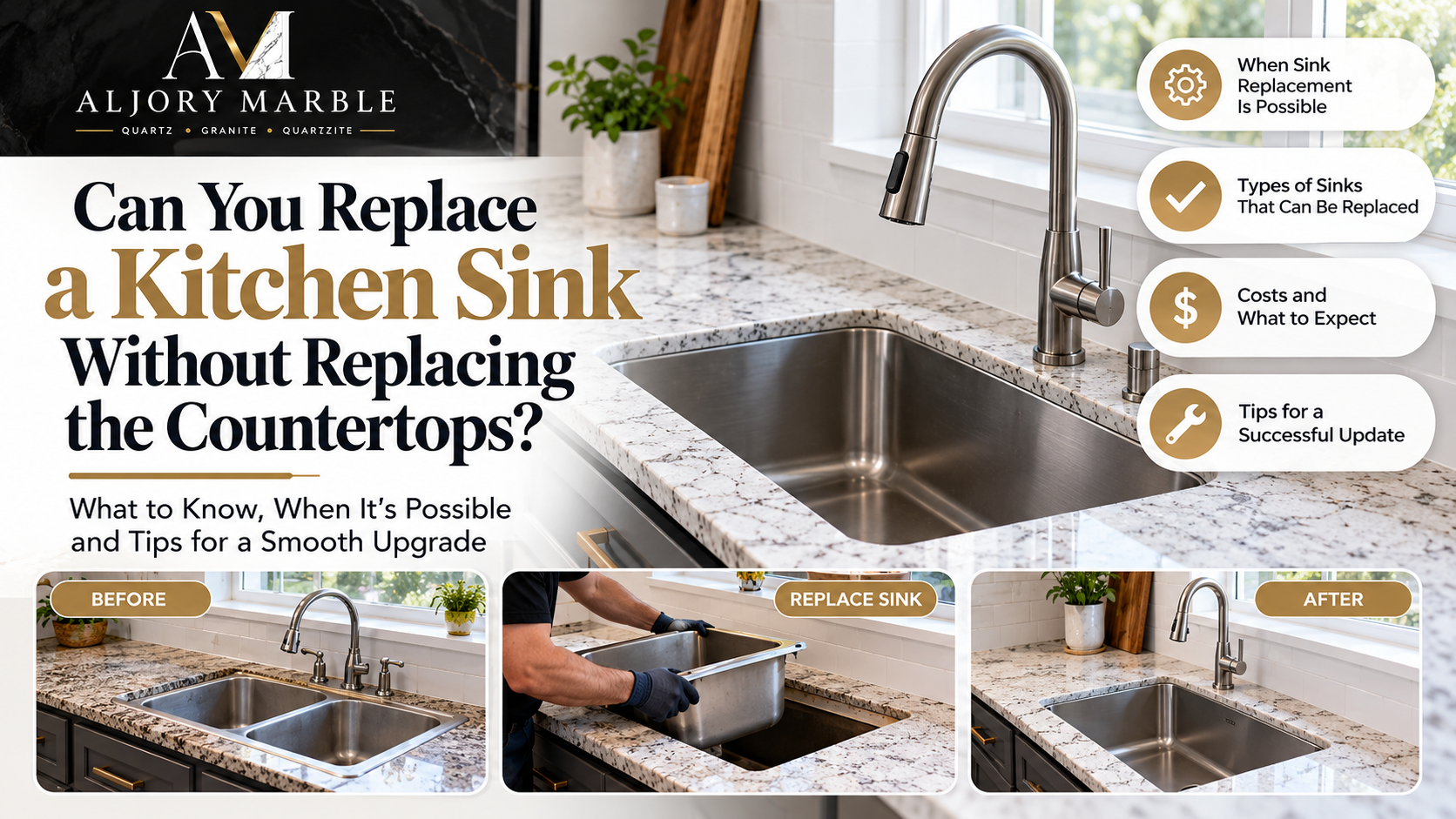 Kitchen sink being replaced in existing quartz or granite countertops while keeping the original stone surface