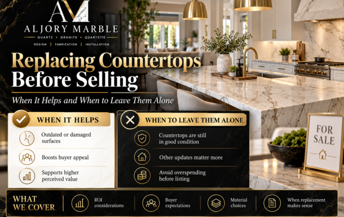 Updated kitchen countertops in a home being prepared for sale showing how countertop replacement can refresh an existing kitchen