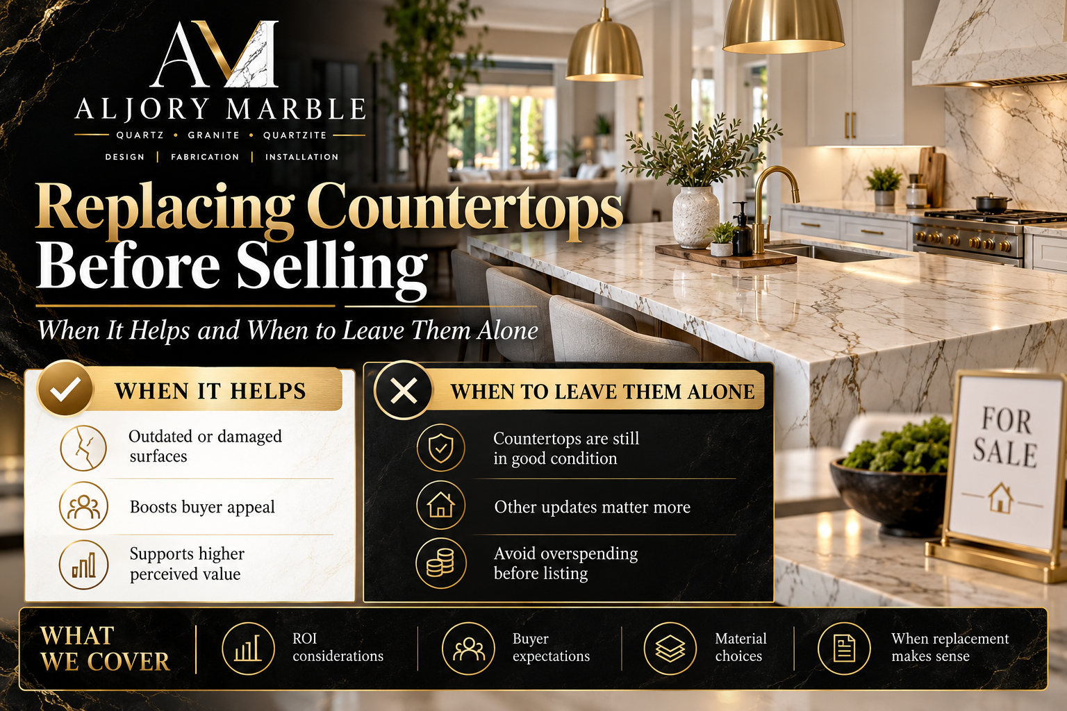Updated kitchen countertops in a home being prepared for sale showing how countertop replacement can refresh an existing kitchen